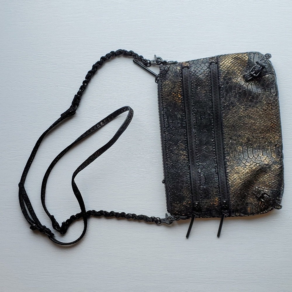 Elliott Lucca Black and Gold Leather Shimmery Snakeskin Crossbody Purse